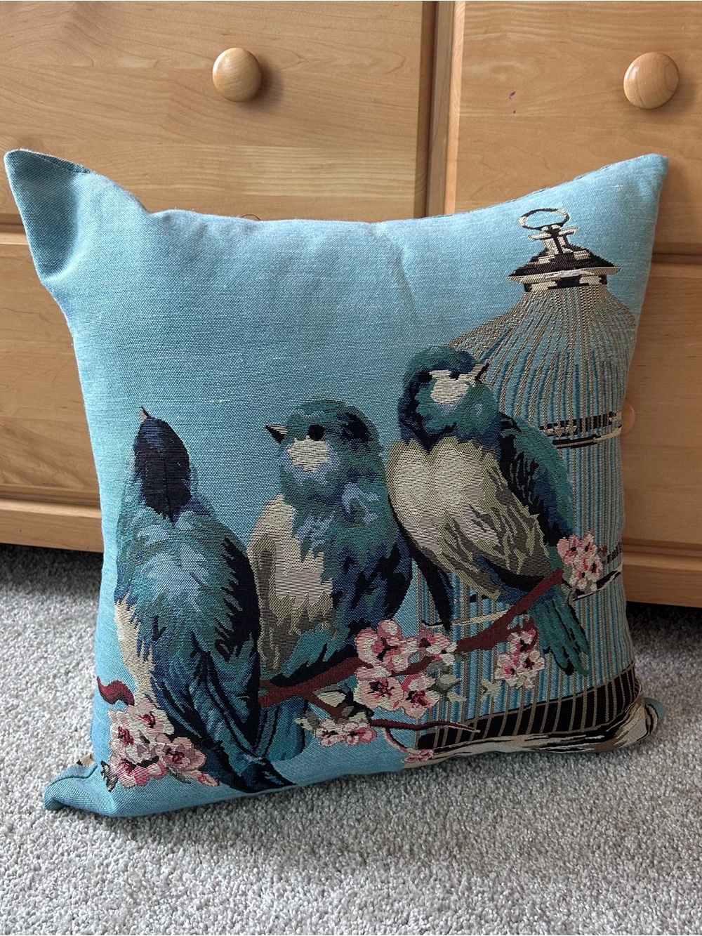 Westex Throw Pillow 18x18 Blue Birds Birdcage Floral Tapestry Cotton Cover - Picture 6 of 10